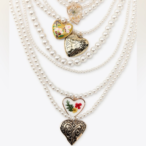 Zara Layered Faux Pearl Necklace with Heart Pendants - Picture 2 of 7